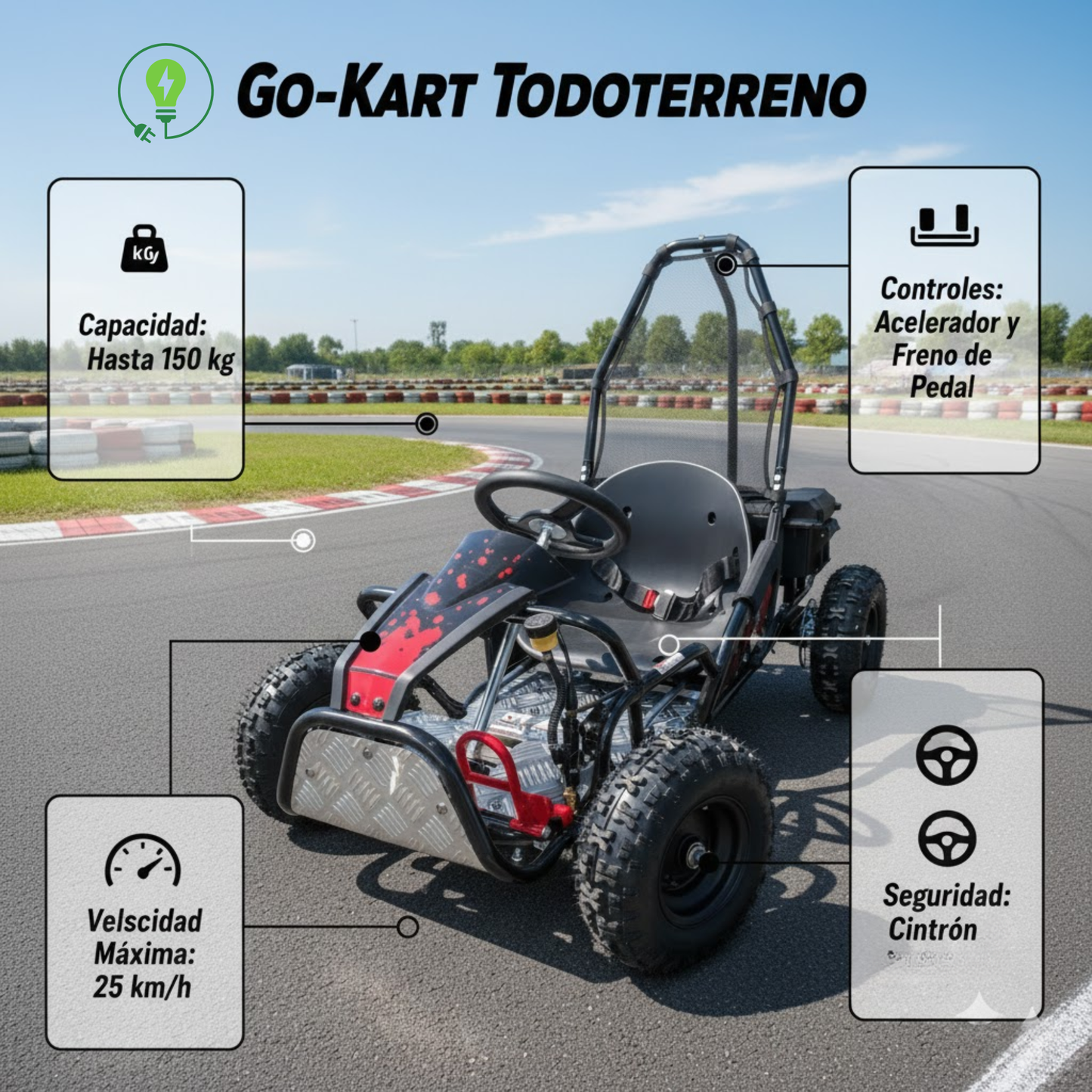 Go-Kart 25km/h Soporta 150kg Eléctrico