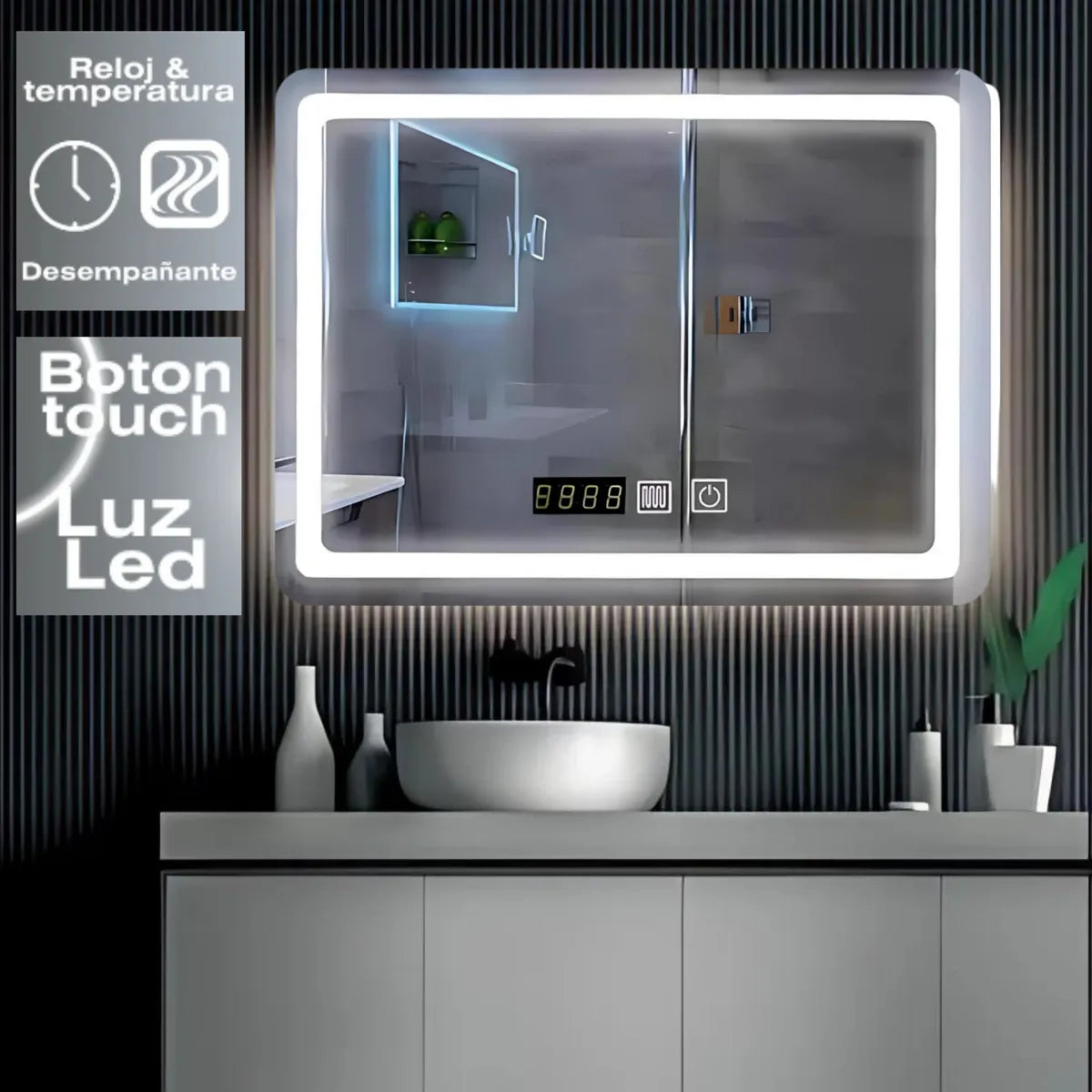 Espejo Smart Con Desempañante, Luz Led y Reloj Digital