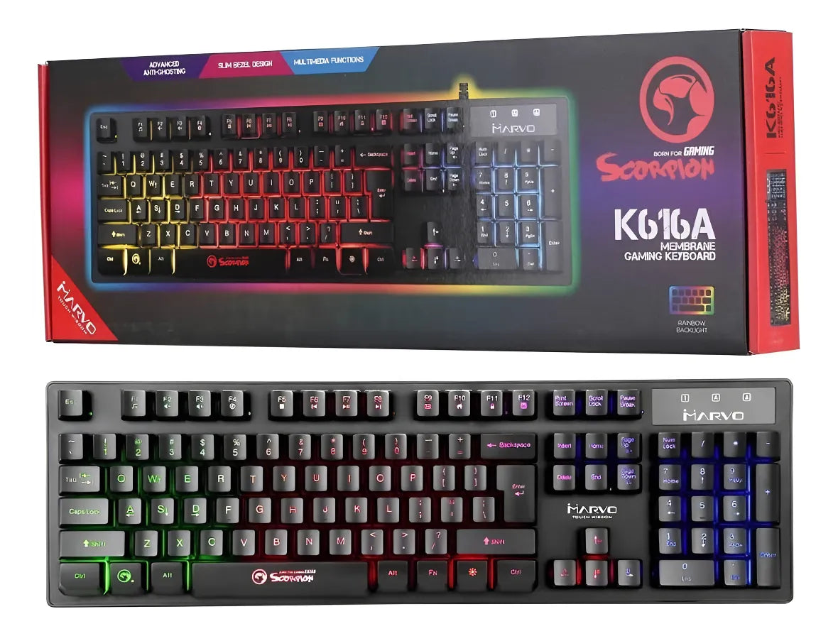 Teclado Gamer Marvo K616a Membrana Luz Arcoiris Multimedia