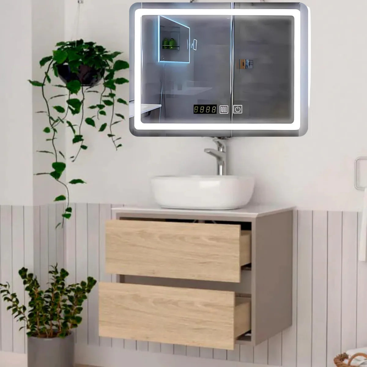 Espejo Smart Con Desempañante, Luz Led y Reloj Digital